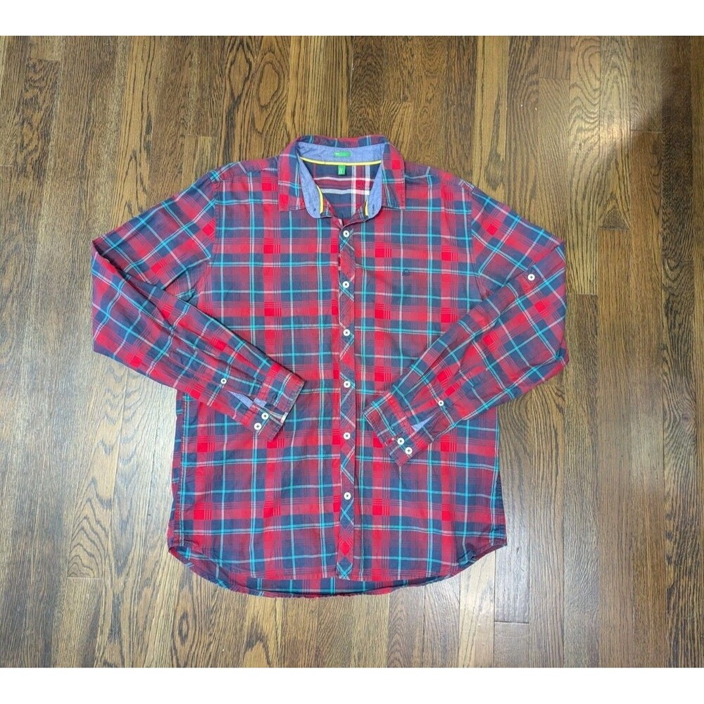 United Colors of Benetton Button Down Plaid Shirt Men's XL Red Navy Aqua Cotton